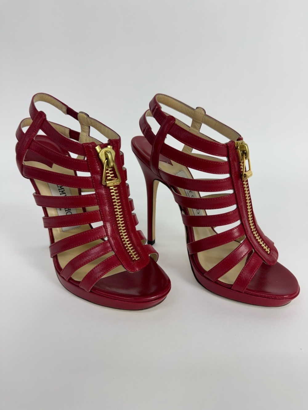 Jimmy Choo Red GLENNYS Gladiator Strappy Stiletto Sandals with Gold Front Zipper
